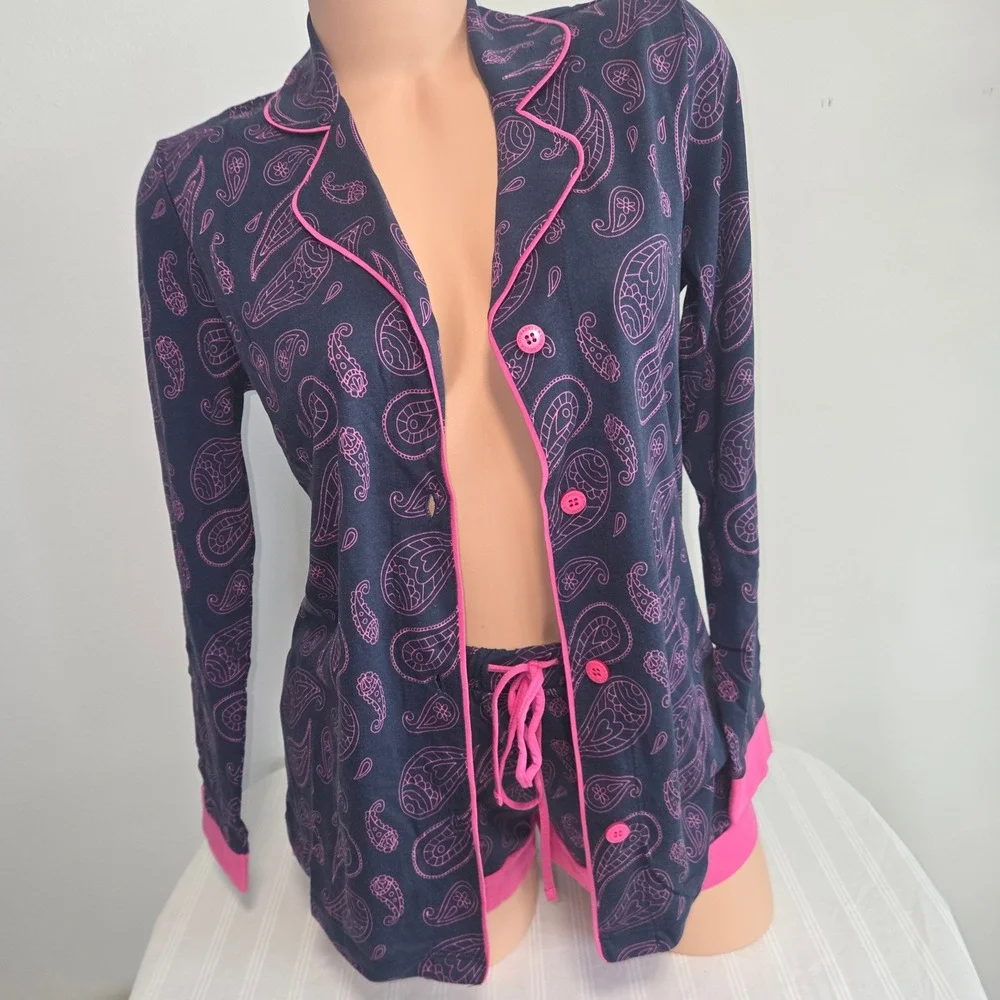 Cosabella Bella Pima Cotton Modal LS Top Boxer Short Set Printed Navy Paisley XS